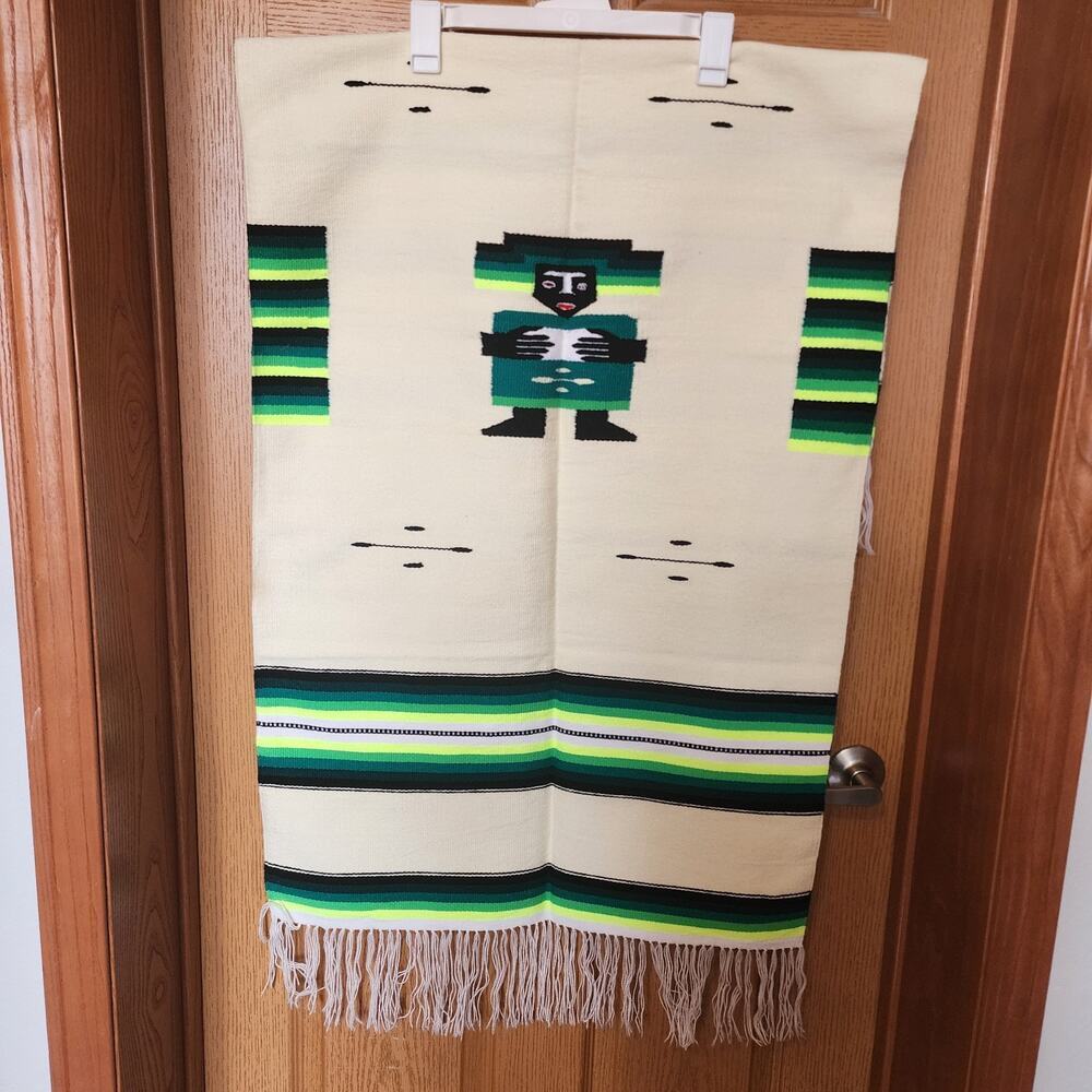 Wool Aztec Tribal Blanket‎ 25”X52” Rug Wall Hanging Bright Handmade Double Sided